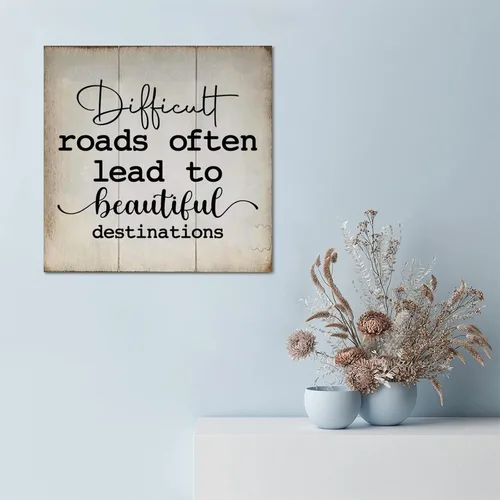 Vista 4 de Divertido letrero de madera para palet con texto en inglés "Difficult Roads Often to Beautiful Destinations", letreros de madera con refranes de 12