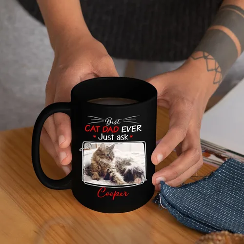Vista 5 de Taza de café personalizada con nombre y foto de gato, marco de fotos personalizado para gato, taza de café negra de 11 onzas y 15 onzas, taza de té