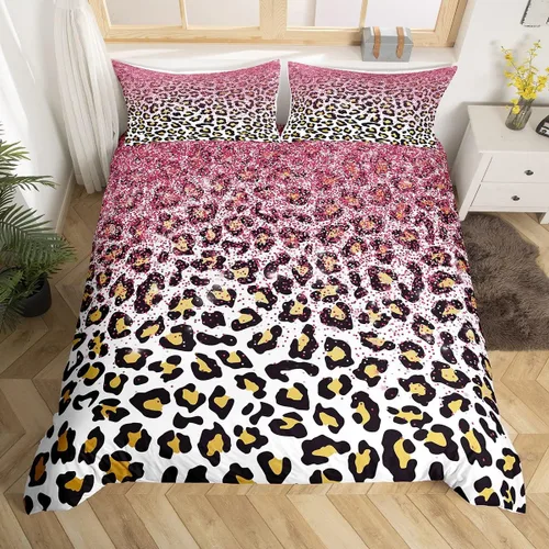 Vista 9 de Juego de funda de edredón para niños, tamaño individual, diseño de cebra y leopardo con purpurina, decoración de habitación para niñas y mujeres
