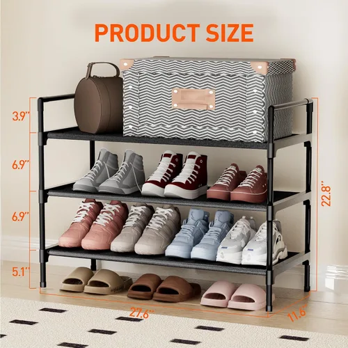 Vista 3 de Zapatero de 3 niveles, organizador de zapatos, estante de almacenamiento de zapatos para pasillo estrecho, dormitorio, entrada, montaje fácil (Negro)
