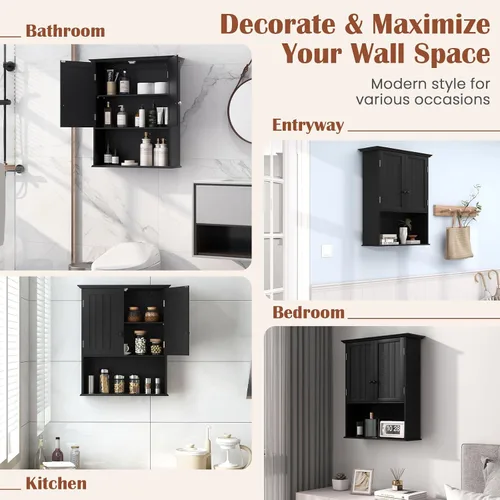 Vista 6 de LDAILY Armario de pared para baño, armario de almacenamiento sobre el inodoro con estante abierto, estante ajustable de 3 alturas y 2 puertas