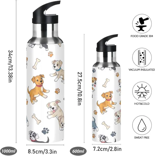 Vista 2 de Paw Prints Dog Bones White Stainless Steel Vacuum Insulated Water Bottle 20 Oz Leakproof Water Bottles, BPA-Free Sports Water Bottle with Straw