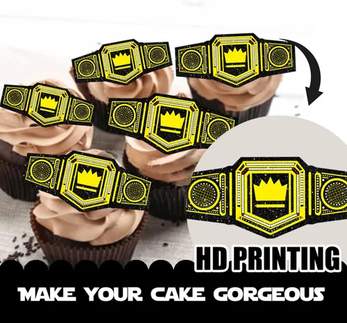 Vista 3 de 18 piezas de cinturón pesado con purpurina dorada para postre para cupcakes, decoración temática de campeón de lucha libre, suministros