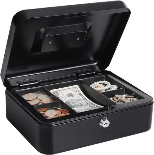 Vista 11 de Caja de dinero pequeña con bandeja de dinero y cerradura, caja de dinero de metal para efectivo, caja de seguridad de 7.87 x 6.3 x 3.54 pulgadas