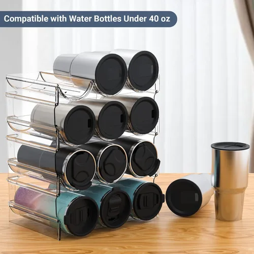 Vista 3 de Organizador de botellas de agua de plástico y soporte de almacenamiento para vino, 4 niveles y 12 contenedores apilables, estante de almacenamiento