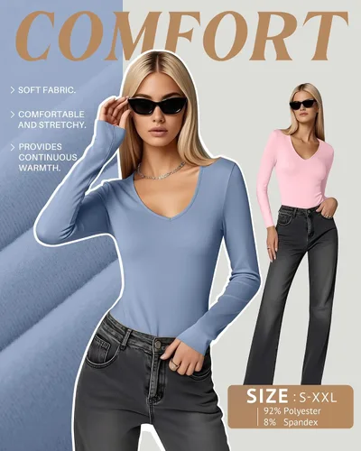 Vista 3 de Paquete de 4 camisas térmicas de manga larga para mujer, con forro polar, cuello en V, ropa interior ajustada, capa base, básica, tops cálidos