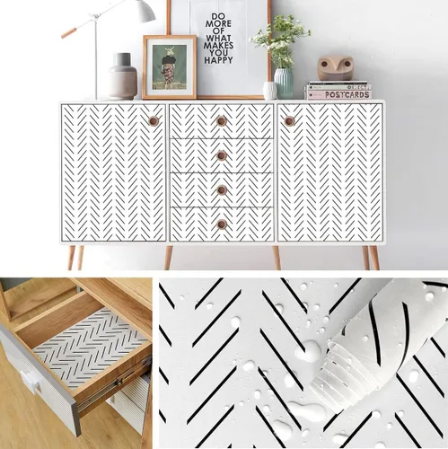 Vista 6 de Orainege - Papel de colgadura adhesivo negro y blanco con diseño de espina de pescado, papel de contacto para baño, 17.7 x 78.7 pulgadas, papel