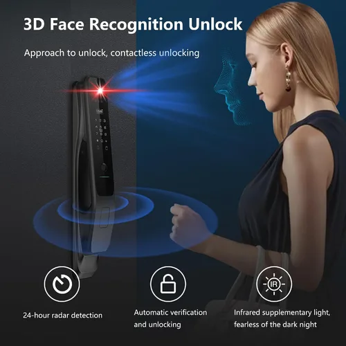 Vista 3 de Cerradura Inteligente de Reconocimiento Facial 3D con Cámara, Cerradura de Puerta con Teclado con Manija, Cerradura Inteligente de Mortaja sin Llave