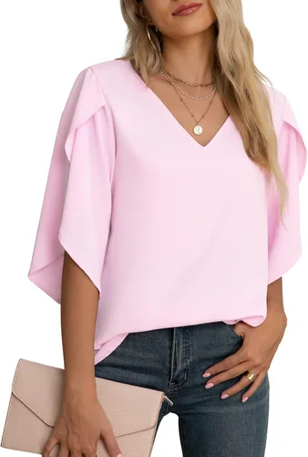 Vista 2 de Jouica Blusa casual de gasa con mangas 34 con volantes para mujer