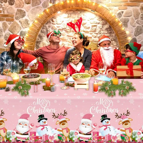 Vista 6 de Tiamon Mantel de Navidad rosa de 60 x 84 pulgadas para mesa rectangular, tela lavable a prueba de agua, cubierta de muñeco de nieve y Papá Noel
