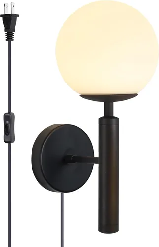Vista 10 de KCO Lighting - Juego de dos apliques de pared de latón con forma de globo de vidrio de leche, aplique de pared dorado cepillado, modernos accesorios