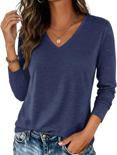 Vista 17 de Zeagoo Camisas de manga larga para mujer, cuello en V, casual, básica Rosa