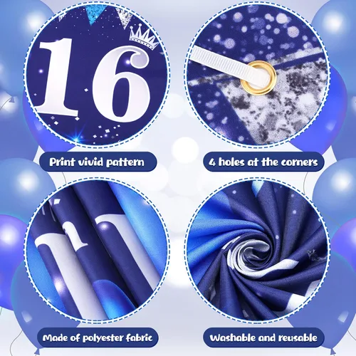 Vista 3 de Decoraciones azules de cumpleaños número 16 para niños y niñas - Pancarta feliz azul marino plateado y globos para suministros de fiesta