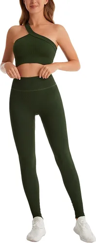 Vista 8 de Yknktstc Conjuntos de entrenamiento para mujer brasier deportivo acanalado sin costuras traje de 2 piezas cintura alta gimnasio yoga leggings