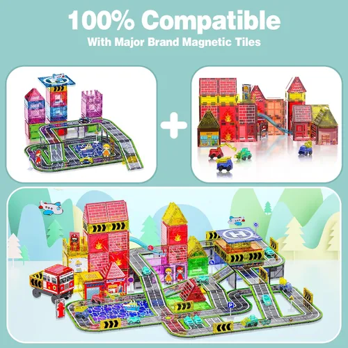 Vista 3 de Juego de 121 azulejos magnéticos para carretera con autos de retroceso. Azulejos magnéticos para construcción de edificios, juguetes con barco Negro