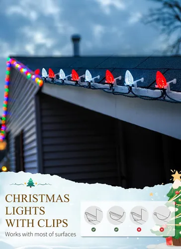 Vista 5 de Luces de Cadena LED de Navidad C9, 68 Pies 100 LED Luces de Techo Strawberry con 100 Clips Todo en Uno, Grado Comercial Impermeable Extensible