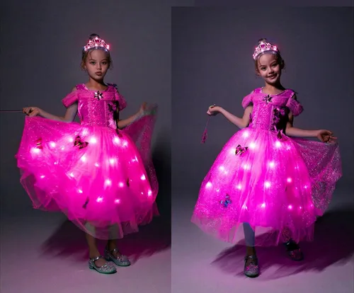 Vista 2 de QooGoo Disfraz de princesa para niñas con luz LED