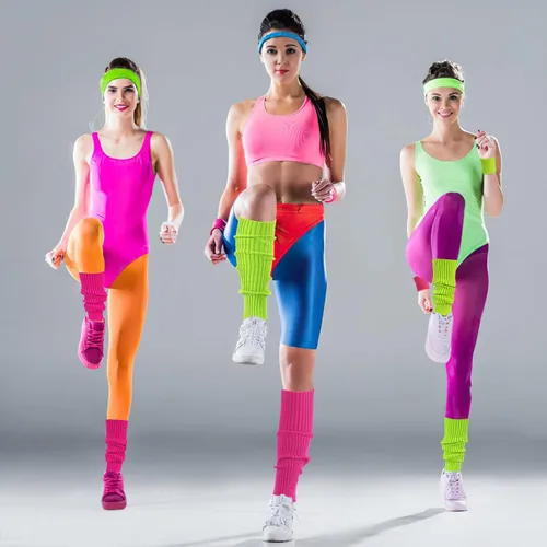 Vista 5 de Calentadores de piernas para mujer, muñequeras con diadema de los años 80, juego de calentadores de piernas de neón para deporte, yoga, ropa