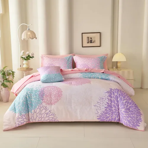 Vista 33 de Koniroom 6-Piece Pink Comforter Set Twin Size - Reversible Beige White Flower Bed in a Bag with Sheets, Pillowcases, Shams, and Decorative Pillow