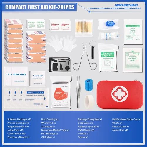 Vista 3 de Mini kit de primeros auxilios de viaje, kit de emergencia con 201 piezas de suministros de primeros auxilios y bolsa compacta impermeable, kit
