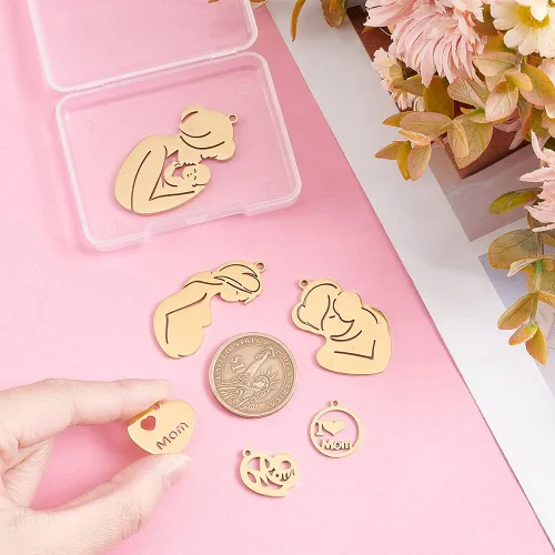 Vista 3 de Mother's Day Stainless Steel Pendants Mother Charms Flat Round with Mother Charms Pendants for Jewelry Making Golden