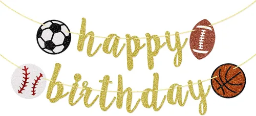 Vista 9 de Cartel deportivo de feliz cumpleaños, pancarta de cumpleaños con purpurina, fútbol, béisbol, fútbol, baloncesto (negro) Sports Birthday Party