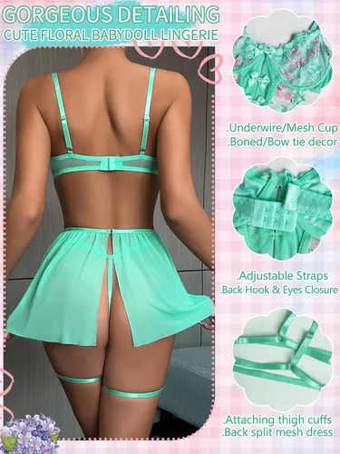 Vista 2 de popiv Conjunto de lencería sexy de encaje para mujer, lencería floral de malla con pajarita