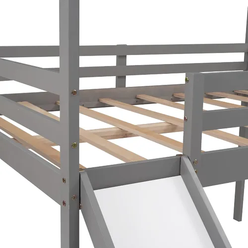 Vista 7 de Harper & Bright Designs Cama alta de tamaño matrimonial con tobogán, cama alta de madera, marco de cama tipo loft con techo y barandilla, cama alta
