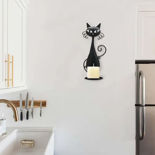 Vista 8 de Candelabros de cristal para velas de pilar, candelabros de pared de gato de metal negro
