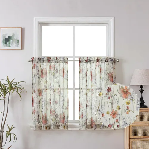 Vista 10 de OWENIE - Cortinas de cenefa arrugada transparentes de 14 pulgadas de longitud 2 piezas, cenefa moderna pequeña impresa para cocina, sala de estar