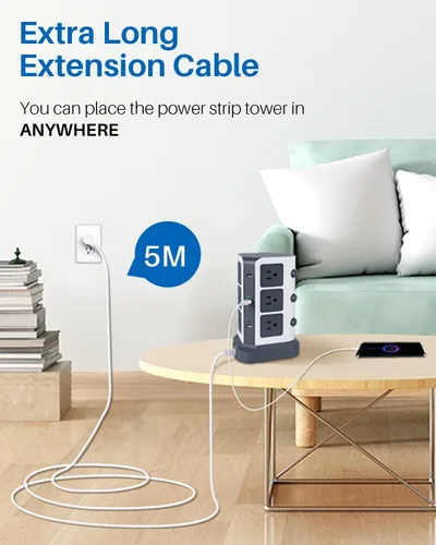 Vista 4 de KOOSLA - Tira de alimentación de torre con 2 USB C, protector de sobretensiones de 1500J con 12 tomas y 5 USB (1875W/15A), cable de extensión de 5