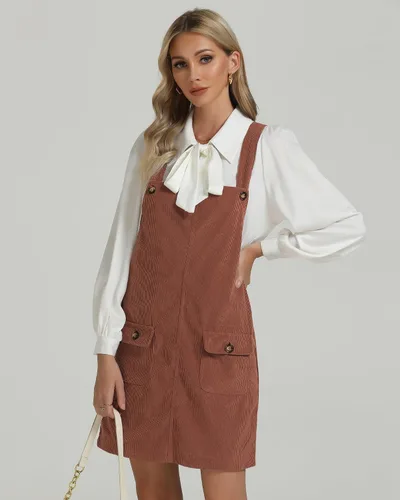 Vista 27 de luvamia Vestido de pana para mujer, tirantes ajustables, casual, a la moda, overoles cortos con bolsillos