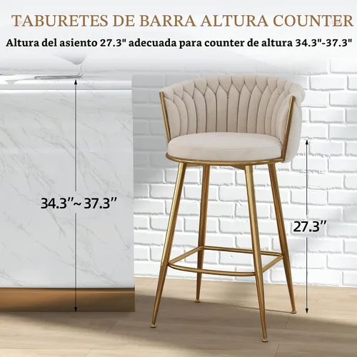 Vista 5 de ABET Taburetes de bar dorados juego de 2, taburetes de bar de terciopelo tejido a mano, taburetes de mostrador con altura del asiento de 68,6 cm