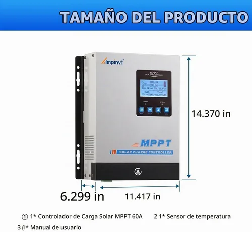 Vista 6 de Controlador de carga solar Ampinvt MPPT 60A 12V 24V 36V 48V Sistema de batería Auto, entrada máxima 150V regulador de panel solar PV para batería