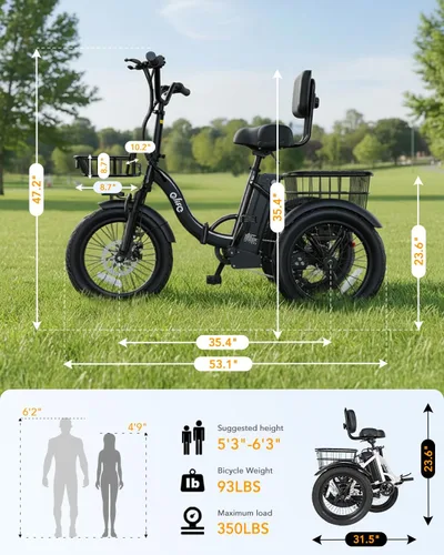 Vista 6 de Qlife Triker Bicicleta eléctrica, 750 W/1200 W, motor sin escobillas, triciclo plegable, batería extraíble 48V10.4AH, bicicleta eléctrica de 3