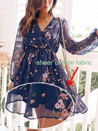 Vista 4 de CUPSHE Vestido corto de gasa con estampado floral para mujer, acampanado, con manga larga campesina