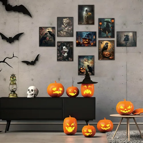 Vista 9 de ARKZSHO Juego de 9 impresiones en lienzo para pared de Halloween, pintura oscura de academia, pintura estética gótica espeluznante para galería
