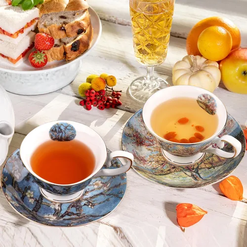 Vista 4 de Juego de 2 Tazas de Té Florales con Platillos, Porcelana de Hueso de 7 oz, Tazas de Té Británicas, Taza de Café de Porcelana para Té de Rosa