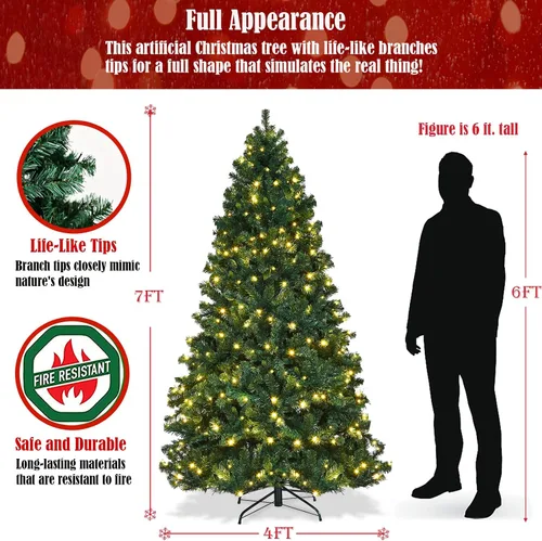 Vista 6 de ERGOMASTER - Árbol artificial de Navidad preiluminado de 7 pies con luces, árbol de Navidad falso verde con 1096 puntas de rama con bisagras, 300