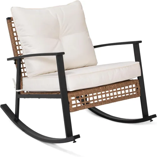 Vista 3 de LAUSAINT HOME Mecedora de mimbre para exteriores, silla de patio de gran tamaño, cómoda silla mecedora con cojín grueso, silla moderna y acogedora