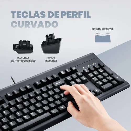 Vista 2 de Perixx PERIBOARD-106B ES Teclado USB Inglés - Alto Rendimiento - Teclas más Altas - Tamaño Completo con Teclado Numérico - Negro - QWERTY Español