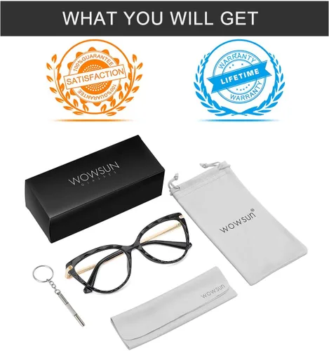 Vista 6 de WOWSUN Montura de lentes de ojo de gato de cristal sexy para mujer, sin receta, marco de anteojos falsos con lente transparente