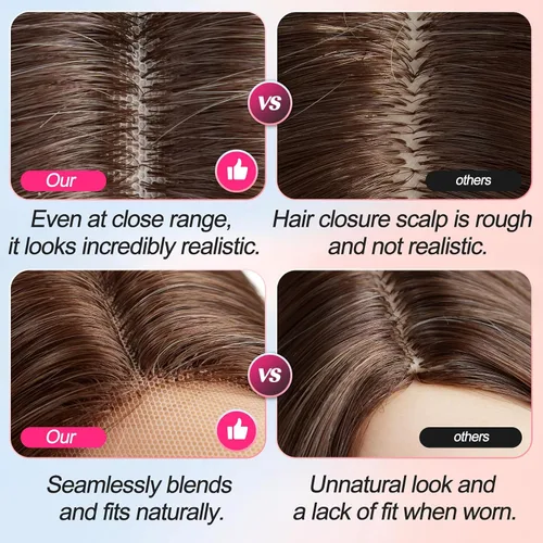 Vista 4 de EMMOR Peluca larga y ondulada marrón mixta para mujer, pelucas de encaje frontal, aspecto natural, 26 pulgadas, parte media, peluca rizada