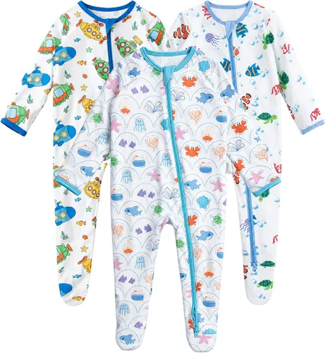 Vista 5 de Pijamas de bebé para niño con pies y puños, hechos de rayón de bambú, con cierre de dos vías y manga larga Celadon-aqua Green-pail Lila