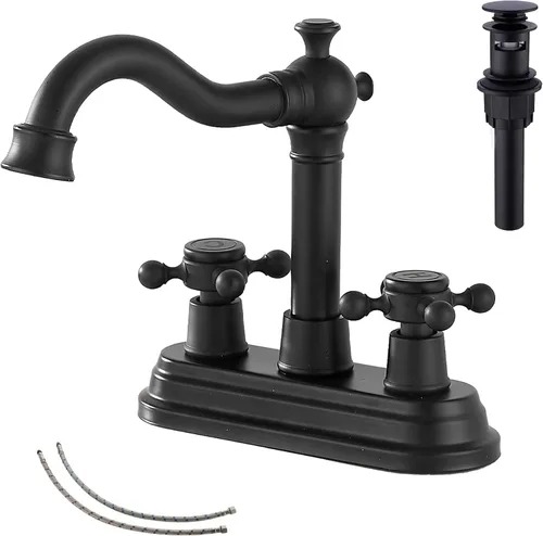 Vista 14 de Grifo de Baño GGStudy de Latón Antiguo de 2 Manijas de 4 Pulgadas Grifo Central de Tocador de Baño con Conjunto de Drenaje y Manguera de Suministro