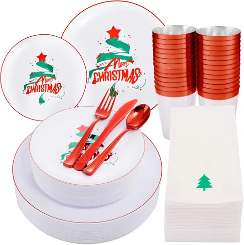 Vista 10 de WDF 175 piezas de platos de Navidad de plástico desechables - 25 platos verdes, 25 platos rojos con campanas doradas, 75 cubiertos de plástico