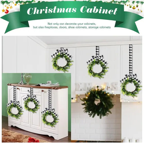 Vista 3 de 6 Piezas Coronas Pequeñas de Navidad para Gabinete de Cocina 9" Mini Coronas Artificiales de Boj de Navidad con Lazo de Cinta Decoración de Fiesta
