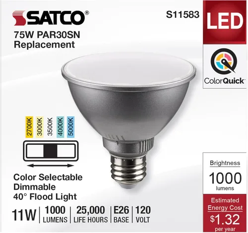 Vista 3 de Satco S11583; LED PAR30SN de 11 vatios; base media; acabado plateado; CCT seleccionable; 120 voltios; ángulo de haz de 40 grados