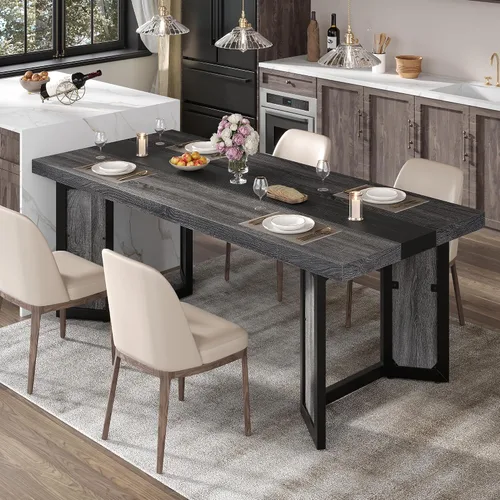 Vista 6 de knoworld Mesa de comedor industrial para 6-8 personas, mesa de cocina grande de madera larga de 71 pulgadas con marco de metal resistente y acabado