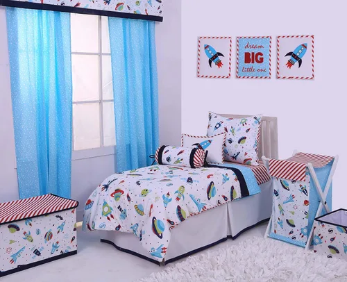 Vista 6 de Bacati - Juego de ropa de cama de algodón multicolor espacial de 4 piezas para niños, 100% algodón, incluye edredón reversible, sábana bajera